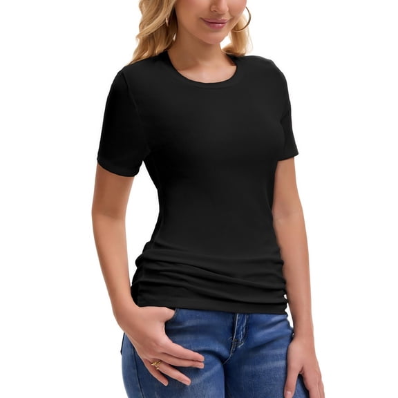 Fall Clothes Ladies Crew Neck Ribbed Long Sleeve Tunics Slim Fit Top Casual Essential Tshirt