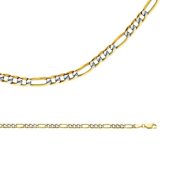 Solid 14k Yellow White Gold Chain Figaro Necklace Pave Diamond Cut Hollow Two Tone, 4.4 mm - 20 inch