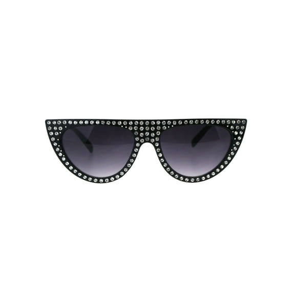 Womens Flat Top Full Iced Out Bling Rhinestone Retro Cat Eye Sunglasses Black Silver Smoke
