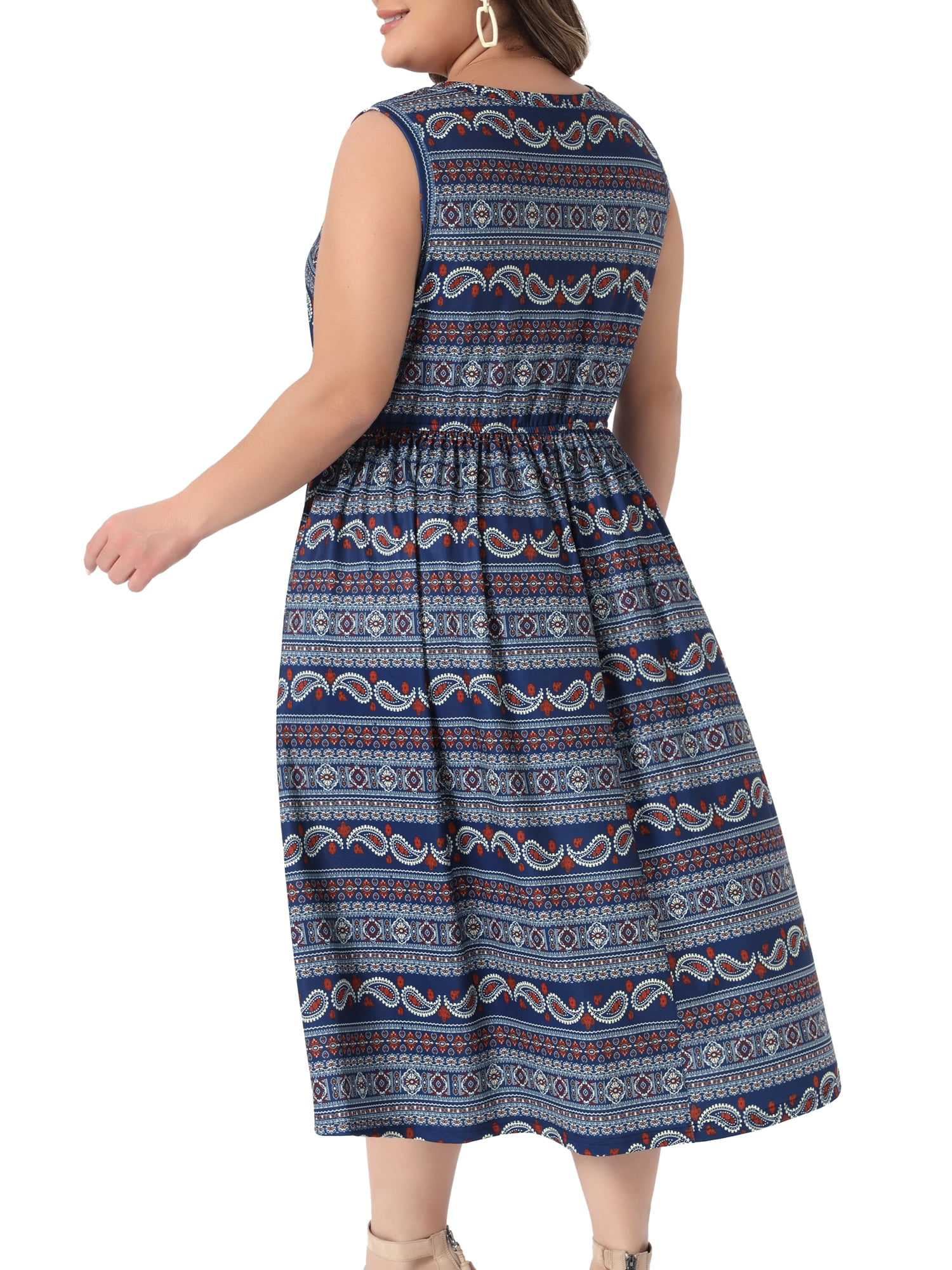 DARING DIVA Women's Plus Summer Boho V Neck Sleeveless Midi Dress 1X Navy Blue