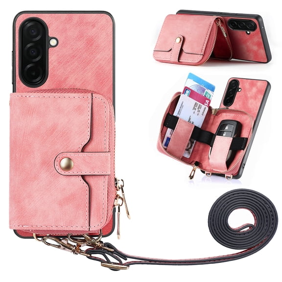 for Samsung Galaxy S24 Wallet Case, Crossbody Phone Purse with Card Holder for Women, Zipper PU Leather Carrying Cover Gift with Shoulder Strap Kickstand Anti-drop for S24 - Pink