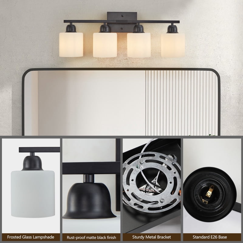 24.8" Black Modern 4-Light Bathroom Vanity Light - Frosted Glass Wall Sconce for Mirror, Dressing Room & Hallway (Bulbs Not Included)