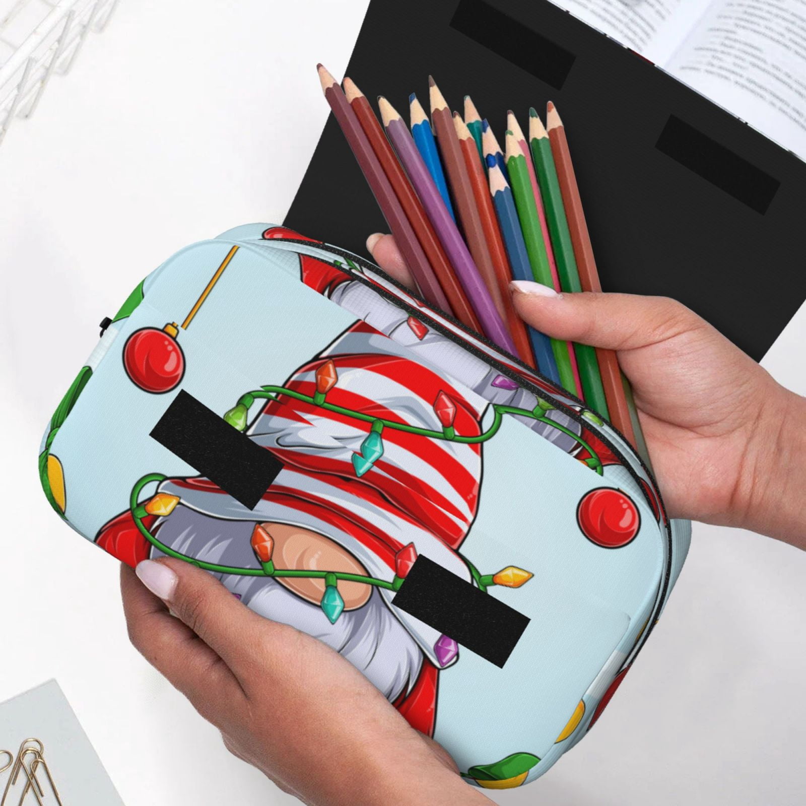 Rateoe Funny Christmas Gnome Pattern Double Clamshell Pen Case, Storage Organizer with Two Zipper Compartments– Holds Up to 50 Pencils & Pens