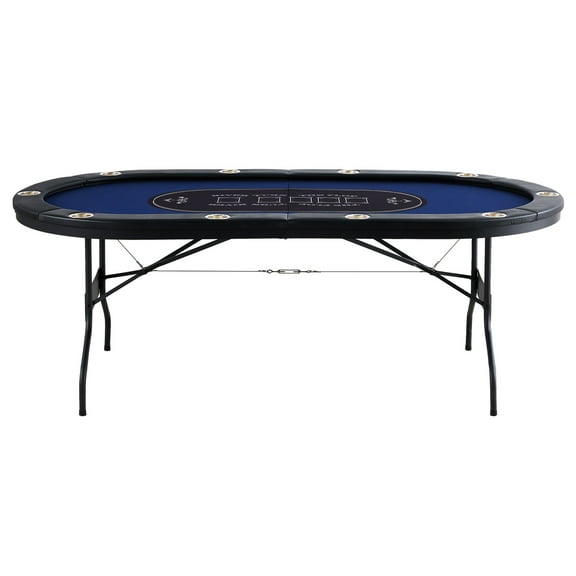 KFFKFF 10-Seat Folding Poker Table, Oval-Shaped Texas Holdem Table with Cushioned Edges & Metal Cup Holders, Easy Storage Card Game Table, 84" Leisure Gaming Table for Blackjack & Casino Games