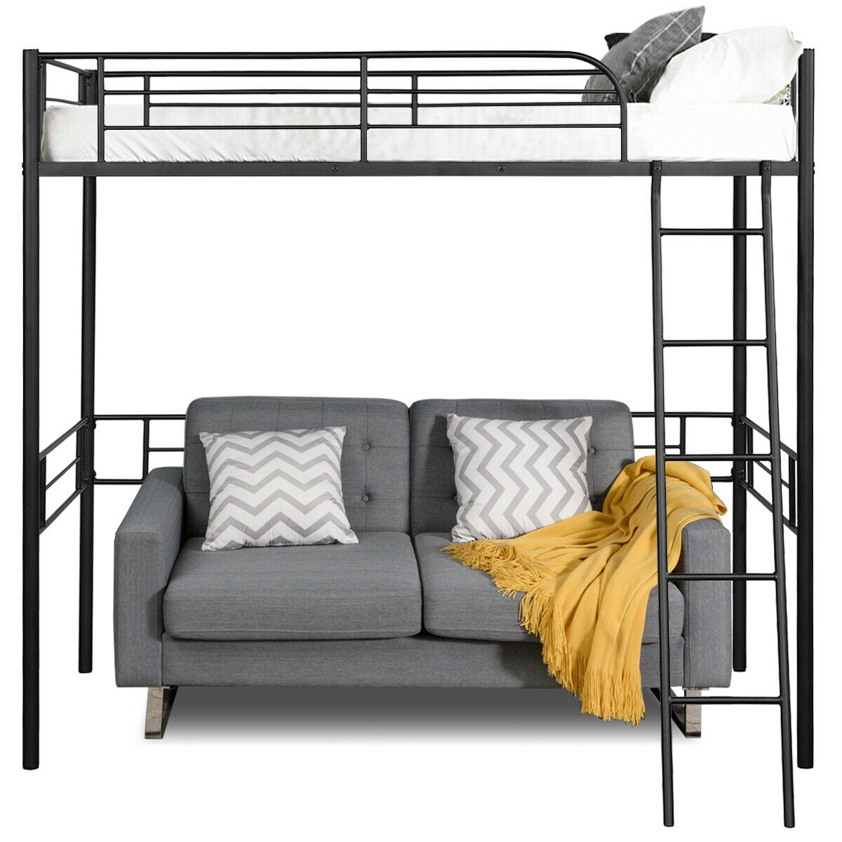 Gymax Loft Metal Single Bed Kids and Teens with Safety Guardrails Ladder, Twin, Black