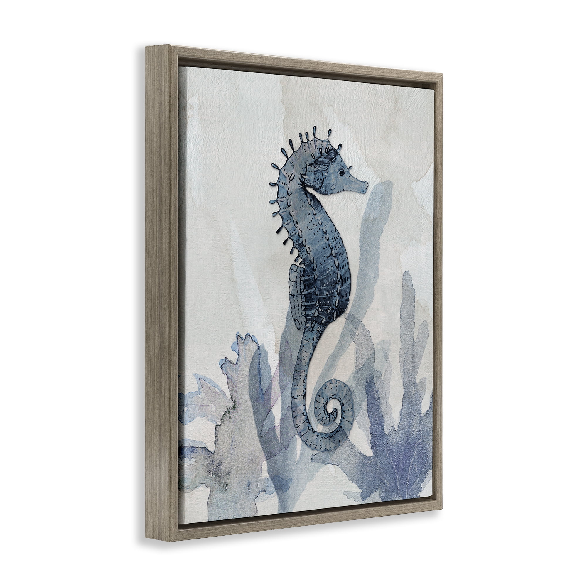 Stupell Industries Seahorse & Seaweed Impressions Brown Framed Floater Canvas Wall Art, design by Susan Jill
