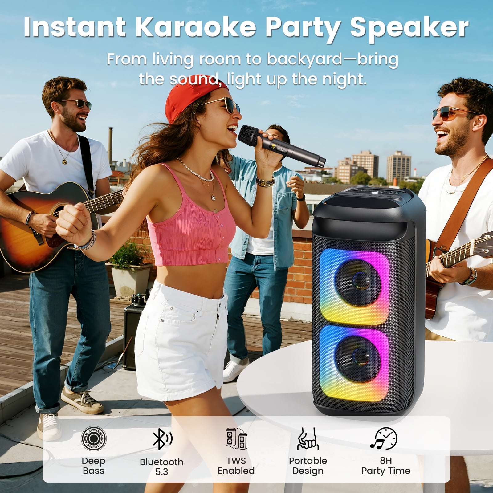 FanFun Bluetooth Speaker with 2 Microphones, Portable Speaker with LED Lights for Party, Powerful Sound, Deep Bass