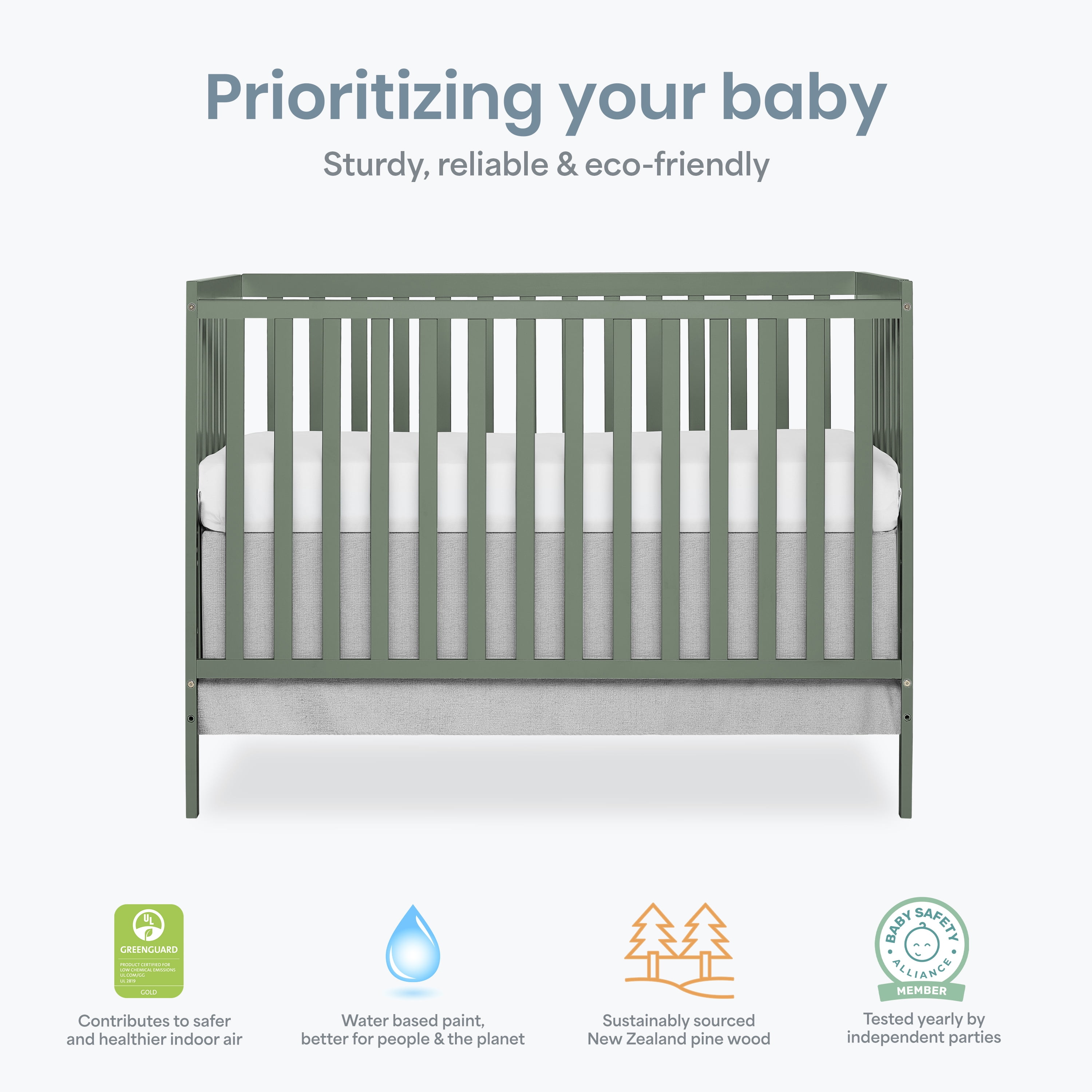 Dream On Me Synergy 5 in 1 Convertible Crib in Meadow Green, Greenguard Gold Certified