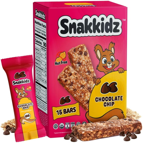 Snakkidz Organic Chewy Granola  Bar, Allergen Free, Made with Avocado Oil, Low Sugar (15 Bars, Chocolate Chip)