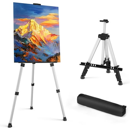 art painting display easel stand - portable adjustable aluminum metal tripod artist easel with bag, height from 17" to 66", extra sturdy for table-top/floor painting, drawing, and displaying,silver