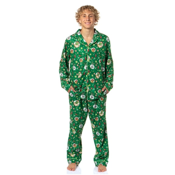 Shrek Men's Christmas Donkey Puss in Boots Tossed Print Button Down Sleep Pajama Set