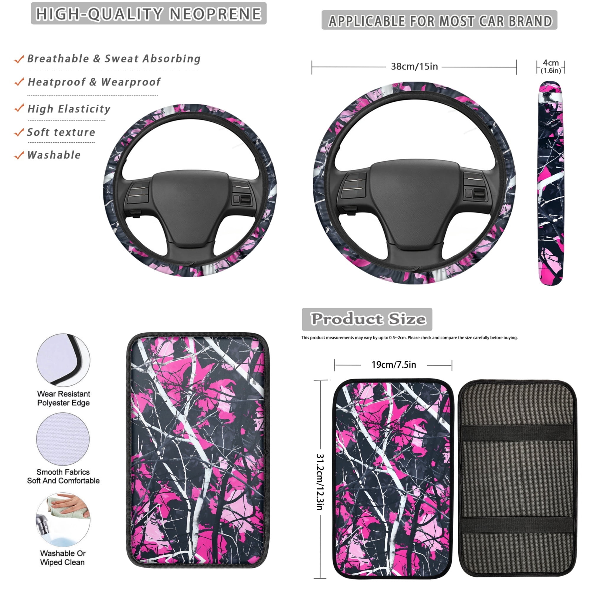 Jeiento Camo Oak Hunting Wood Car Seat Cover Full Set with Steering Wheel Cover Seat Belt Strap Pads Armrest Pad Coasters Keychain Lipstick Holder Pink 13 PCS Automobile Accessory Interior Decor