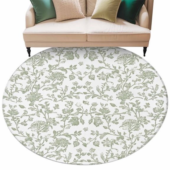 Pastoral Flowers Washable Round Area Rug 6 ft, Light Green Flower Farmhouse Plant , Soft Non Slip Rugs Stain Repellent Indoor Felt Carpet for Living Dining Room Bedroom Home Office