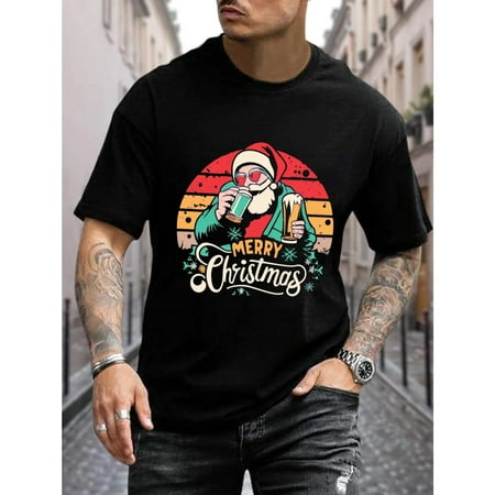 Santa Beer Tee Drinking Claus Holiday Design T Shirt Graphic Tees Soft Casual Comfort Top Black S-5XL
