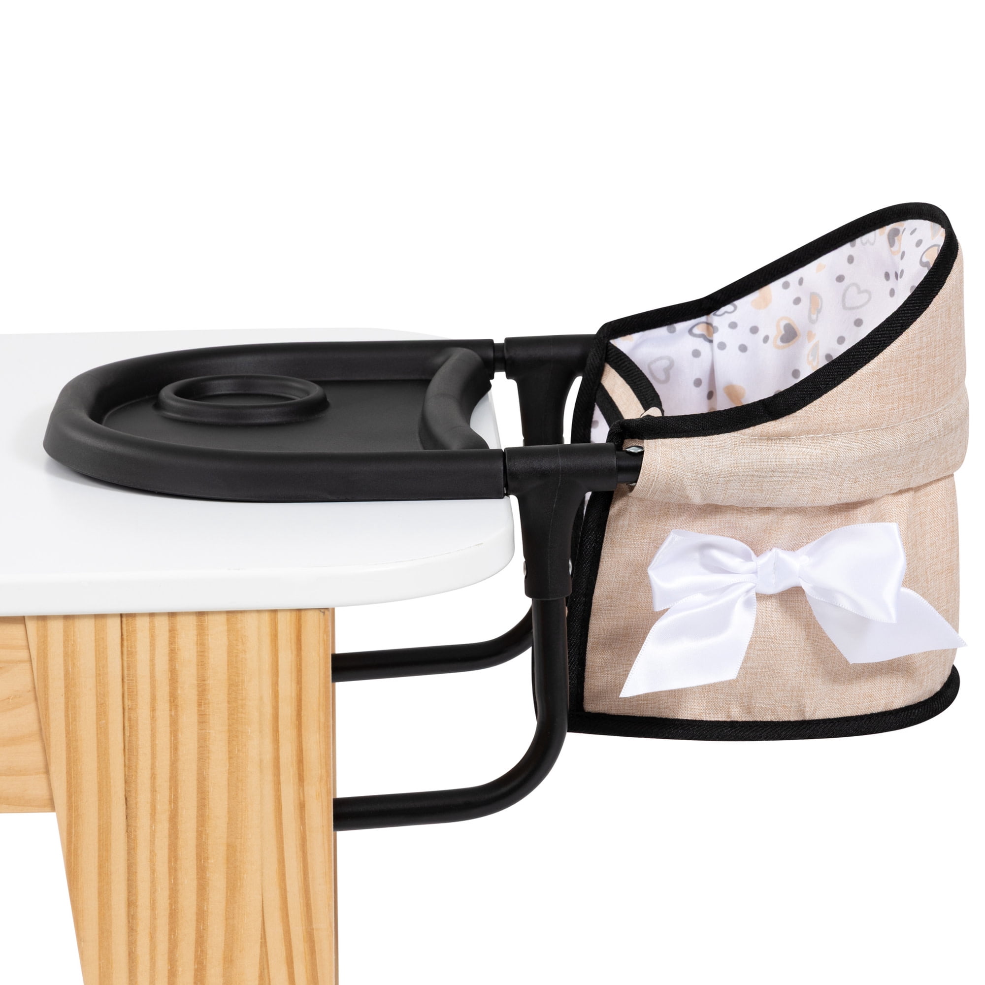 Bayer Design: Doll Table Seat - Beige-Black-Hearts - Attach To Table, Dining Tray, Play Feeding Center, Foldable, Toy Accessory Fits 18" Dolls, Kid 3+