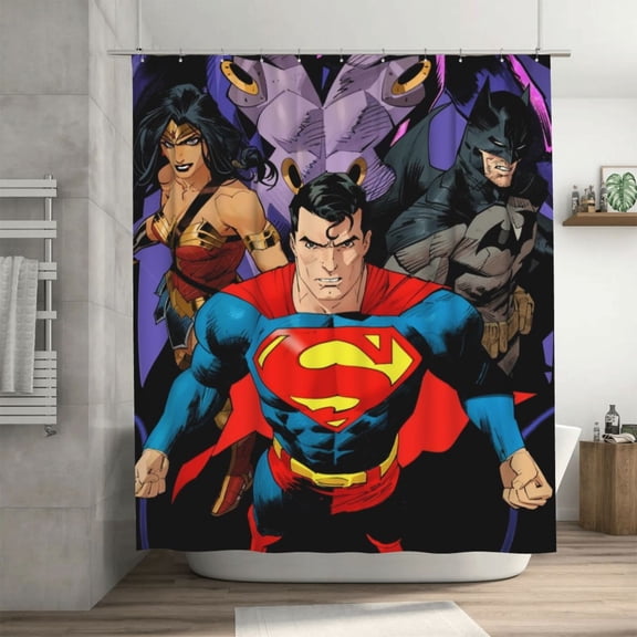 Superman Shower Curtain Cartoon Art Bath Shower Curtains with 12 Hooks, Waterproof Washable Polyester Bathroom Home Decor Set 72x72 Inch, Iron