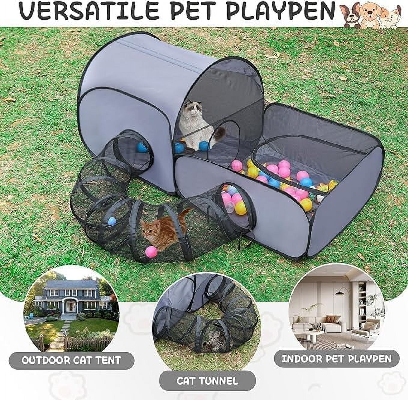 Portable Pet Playpen with Surround Tunnel, 2-Linked-Enclosed Areas Outdoor Cat Enclosure, Outdoor/Indoor Cat Playpen with Breathable Soft Sides, Cat Tent for Small Animals