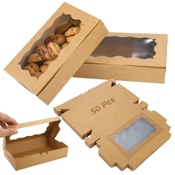 50PCS Kraft Biscuit Box with Window, 7.1" x 4.3" x 1.6" Kraft Paper Cookie Box with Clear Window, Brown Treat Storage Box, Bakery Package Box for Dessert Candy Donut Holiday Party Favor Pastry