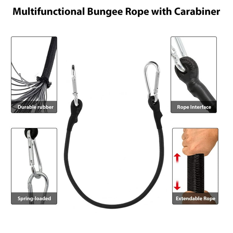 Bungee Cord with Carabiner Clips 24 Long Black Heavy Duty Rope Hooks  Stretch Tie