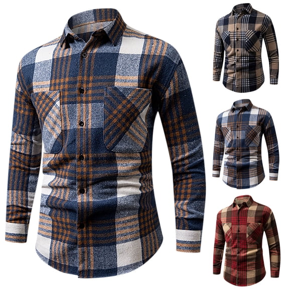 Jinhomg Men'S Flannel Button-Up Shirt Soft Warm Long Sleeve Shirts Casual Slim Fit Plaid Shirt With Pocket Blue,L