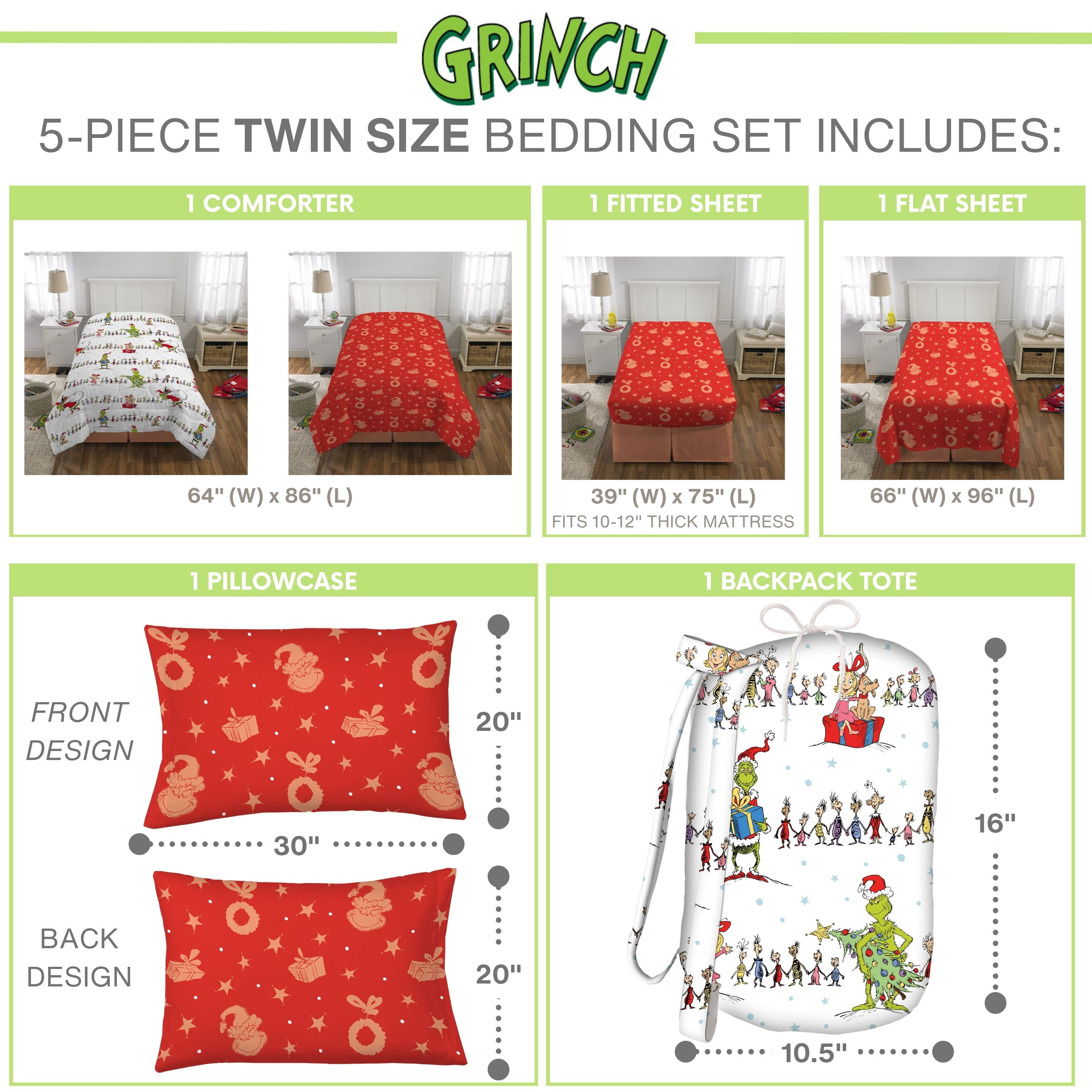 Grinch Kids 5 Piece Reversible Comforter, Bed in a Bag, Twin