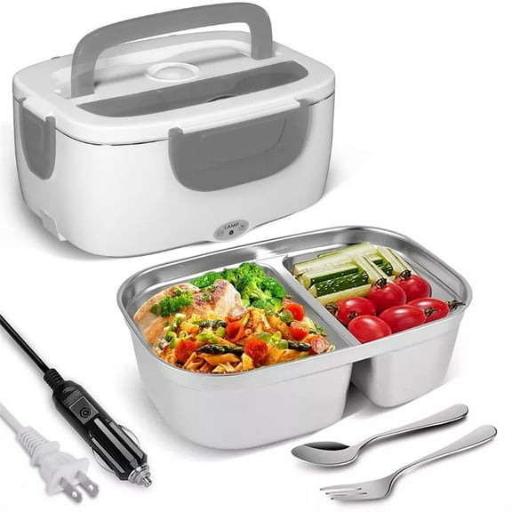 Zeng Electric Lunch Box Food Heater,2-in-1 Portable Food Warmer Lunch Box for Car&Home,with Leak Proof Removable 304 Stainless Steel Compartment Container,1.5L,Grey