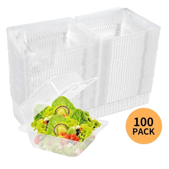 Hengbo  100 PCS Clear Plastic Food Containers Square Hinged Takeaway Containers Disposable Cake Containers with Lids Stackable Lunch Boxes Suitable for Salads, Pasta, Sandwiches, Cookies