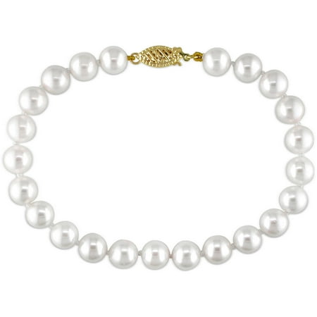 Miabella 7-7.5mm White Cultured Freshwater Pearl 14kt Yellow Gold Strand Bracelet, 7.5
