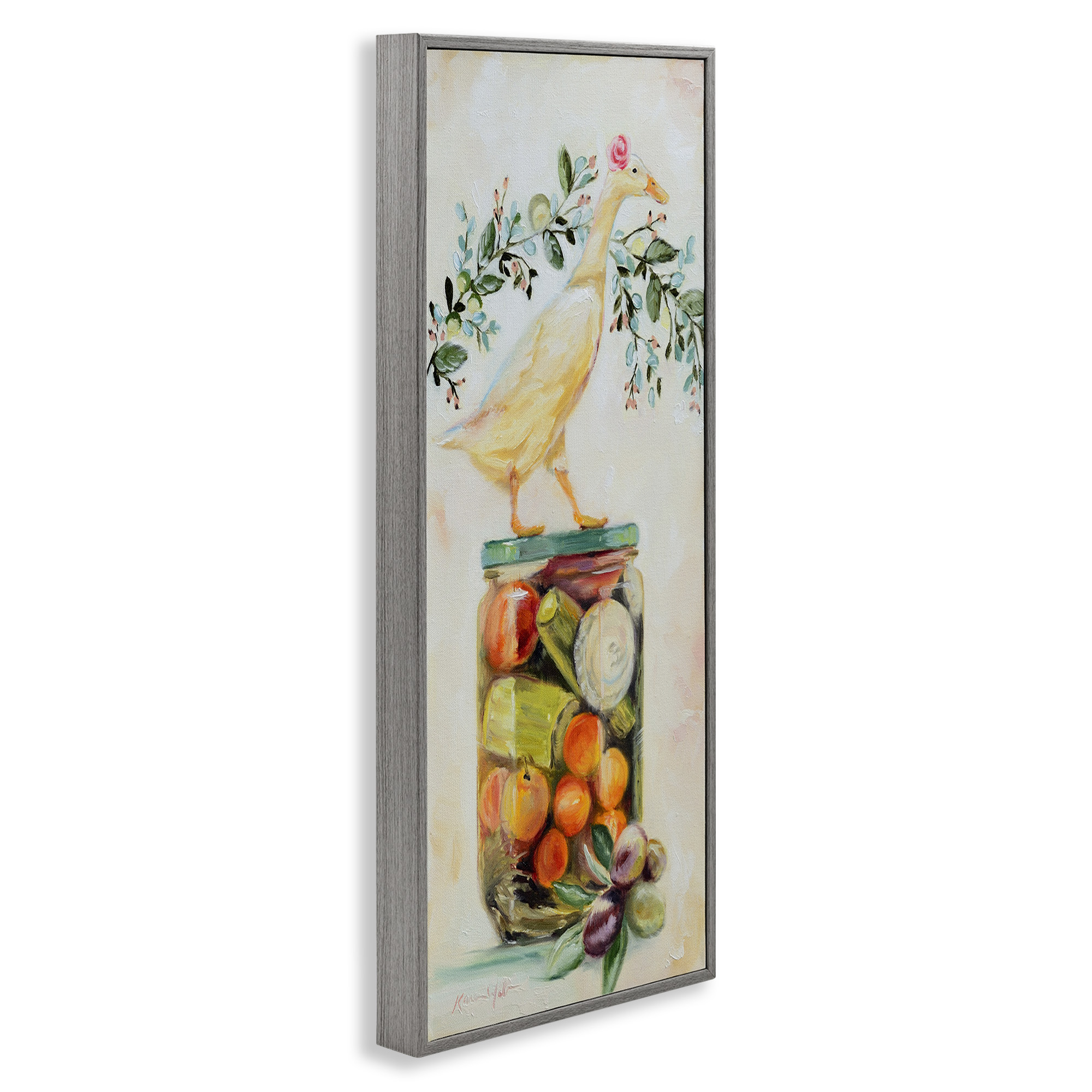 Stupell Industries Charming Goose on Vegetable Jar Animals & Insects Painting Gray Framed Art Print Wall Art, 13 x 30