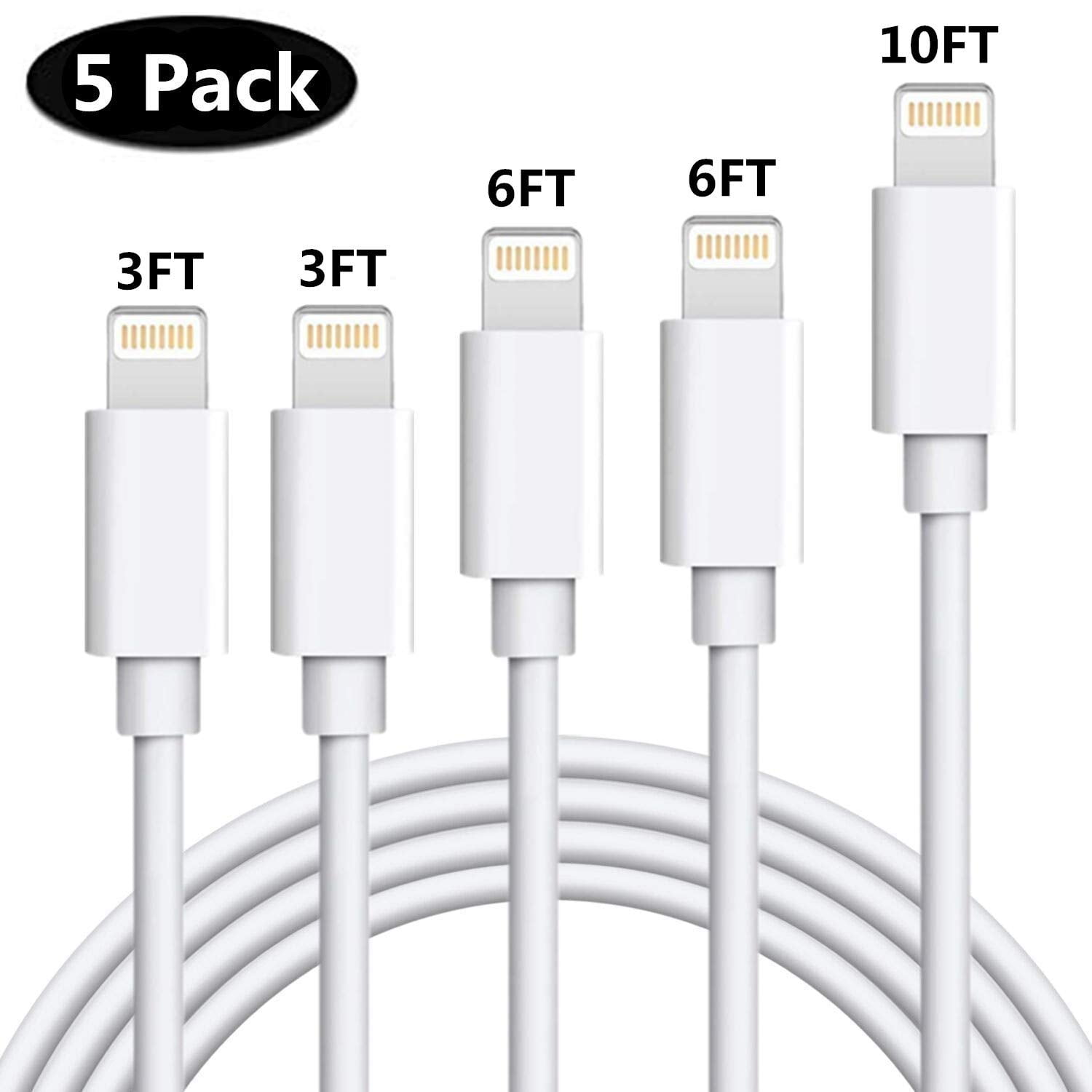 3/3/6/6/10FT MFi Certified iPhone Cable 5 Pack Extra Long Nylon Braided USB Charging&Syncing Cord Compatible with iPhone Xs Max/XS/XR/7/7Plus/X/8/8Plus/6S/6S Plus/SE Silver&Grey iPhone Charger