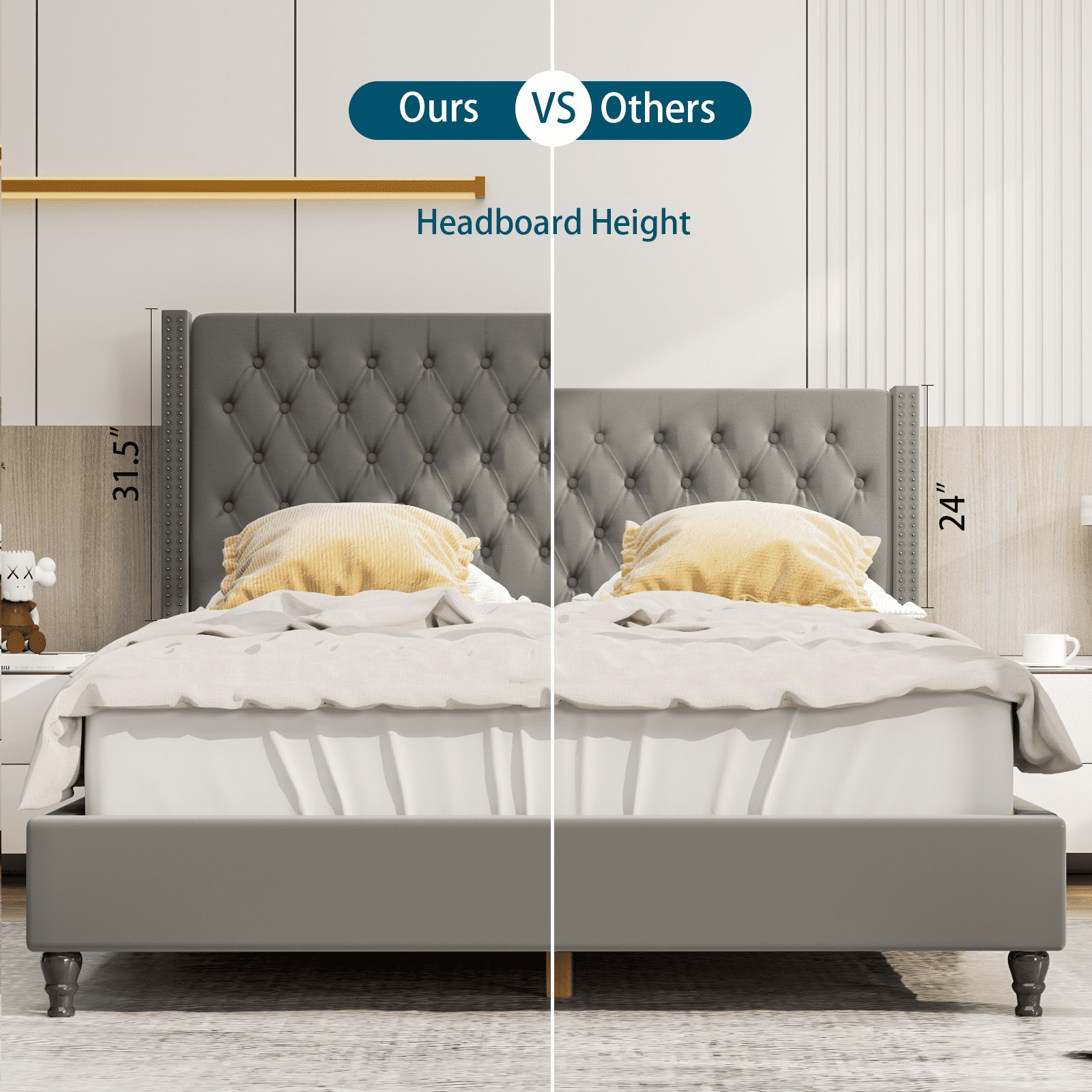 Nathaniel Home Queen Beds, Upholstered Tufted Bed, Platform Bed Frame with Diamond Low Profile Platform Beds Strong Wooden Slats, Adult Size Gray