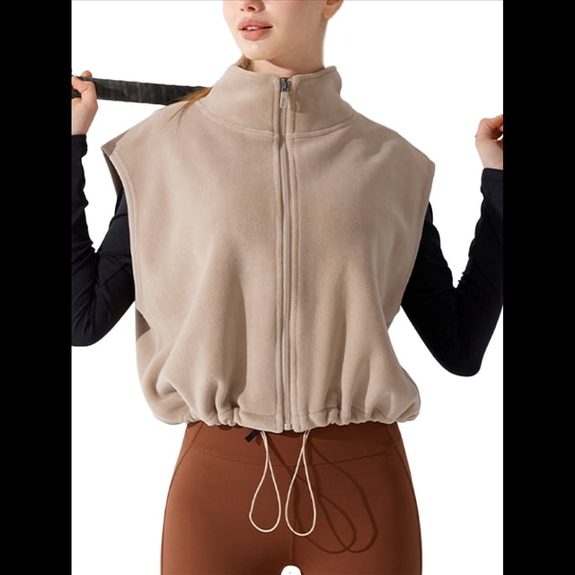 Chaleco Corto con Cremallera para Mujer, Abrigo Corto Cálido de Invierno Sin Mangas con Cuello Alto. Leche de Avena M