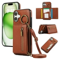 for iPhone 16 Wallet Case with Card Holders for Women Girls, Crossbody Strap Zipper PU Leather Case with Finger Ring Protective Kickstand Designed for iPhone 16, Coffee