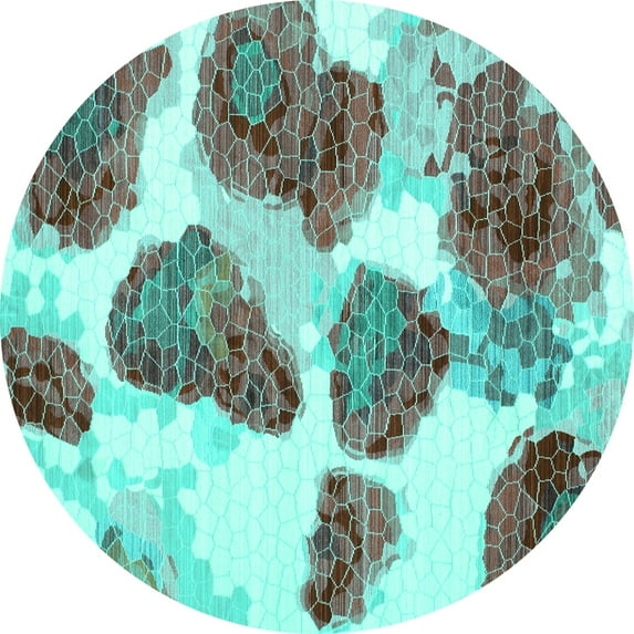 Ahgly Company Machine Washable Indoor Round Abstract Turquoise Blue Contemporary Area Rugs, 8' Round