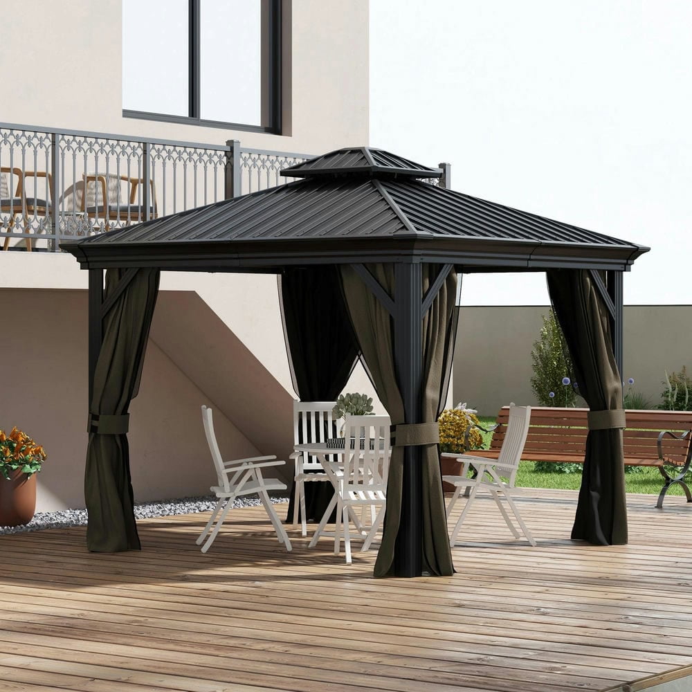 GVN Patio Garden Pergola, Pergola Canopy,10' x 10' Hardtop Gazebo, Pavilion Gazebo with Curtains, Nettings, Hooks, Dark Brown