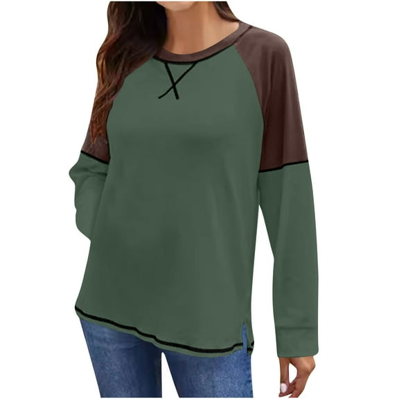 Perfectbot Womens T Shirts Long Sleeve Round Neck Color Block Tops Fall Casual Tunic Blouse