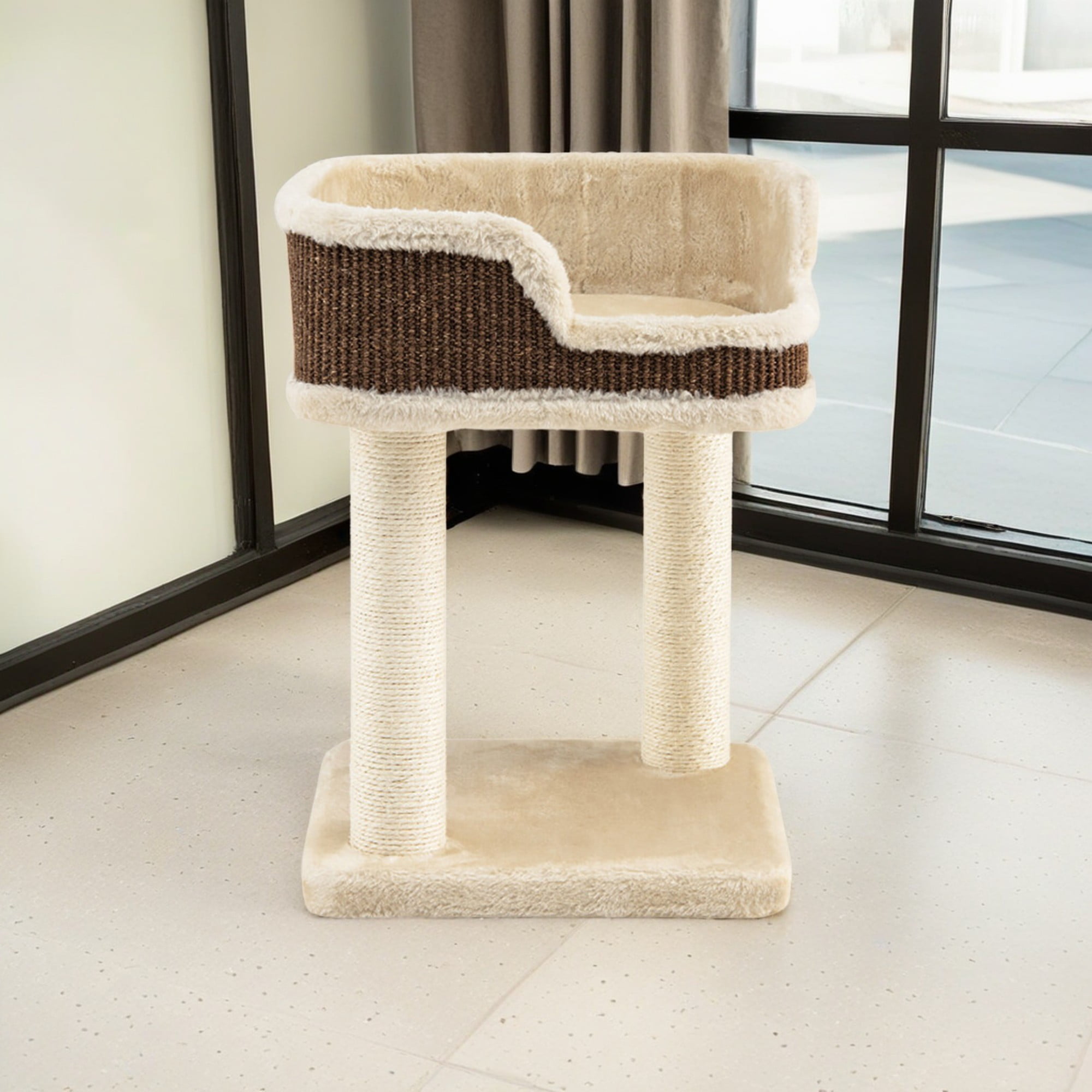 Kadyn 16" Cat Tree Tower for Indoor Cats with Large Plush Perch, Natural Sisal Scratching Post for Small Cats, Beige