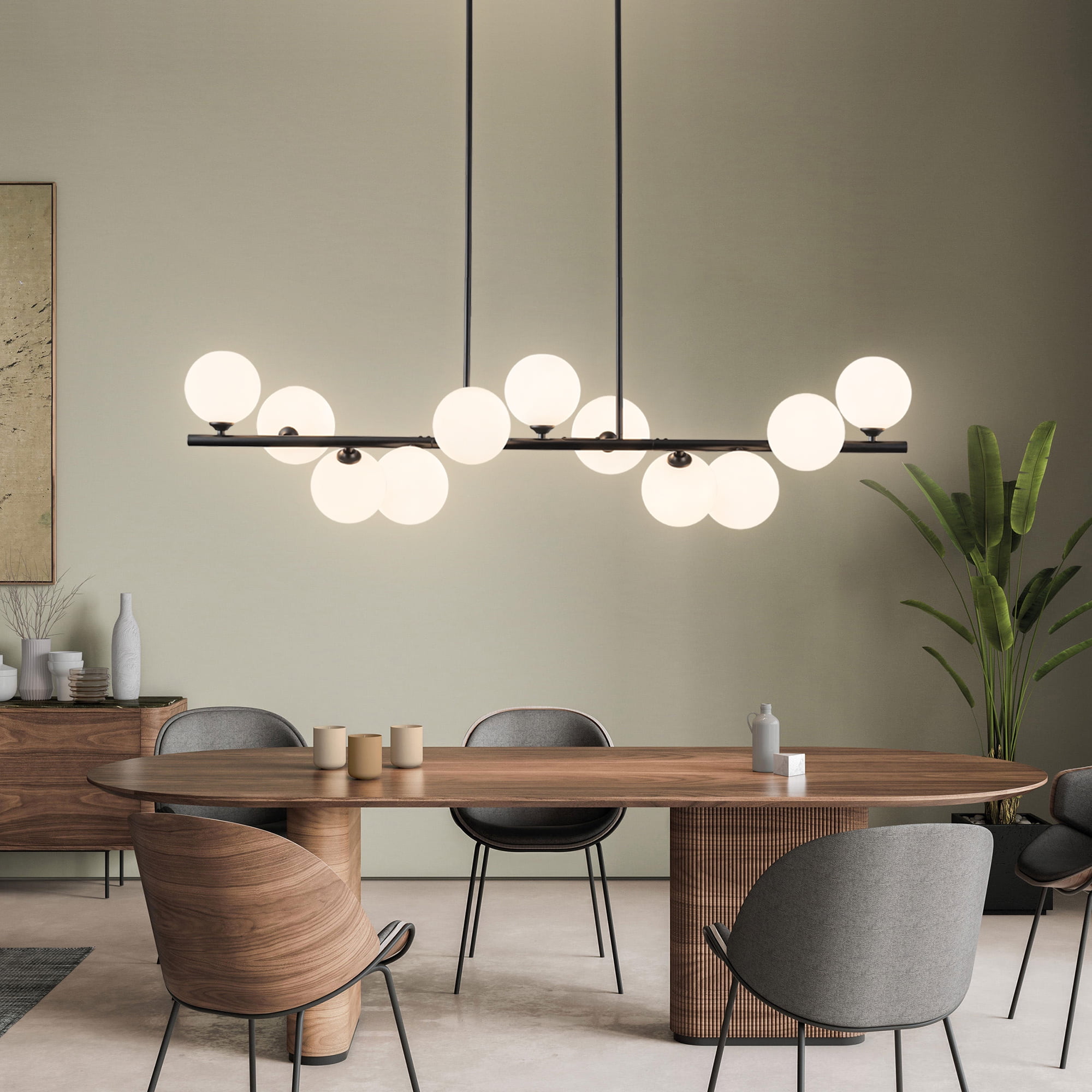 Uznhty Chandeliers for Dining Room Light Fixture with White Glass Globe,11-Lights Linear Chandelier 51 Inch Sputnik Chandelier for Kitchen Island Black Adjustable Hanging