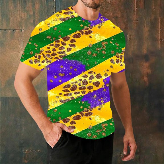 Zylanna Men's Mardi Gras T-Shirts Tee, Short Sleeve Casual Glitter Print Crew Neck Summer Tops for Men Purple