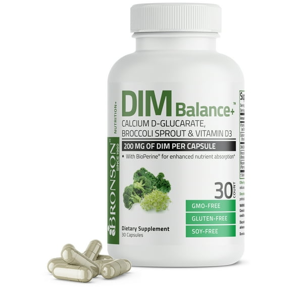 Bronson DIM Balance Calcium D-Glucarate, Broccoli Sprouts and Vitamin D3 200 MG of DIM per Capsule Supports Estrogen Metabolism and Balanced Hormone Levels Non-GMO, 30 Vegetarian Capsules