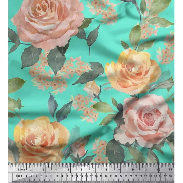 Soimoi Rayon Fabric Leaves & Rose Flower Print Sewing Fabric Yard 56 Inch Wide