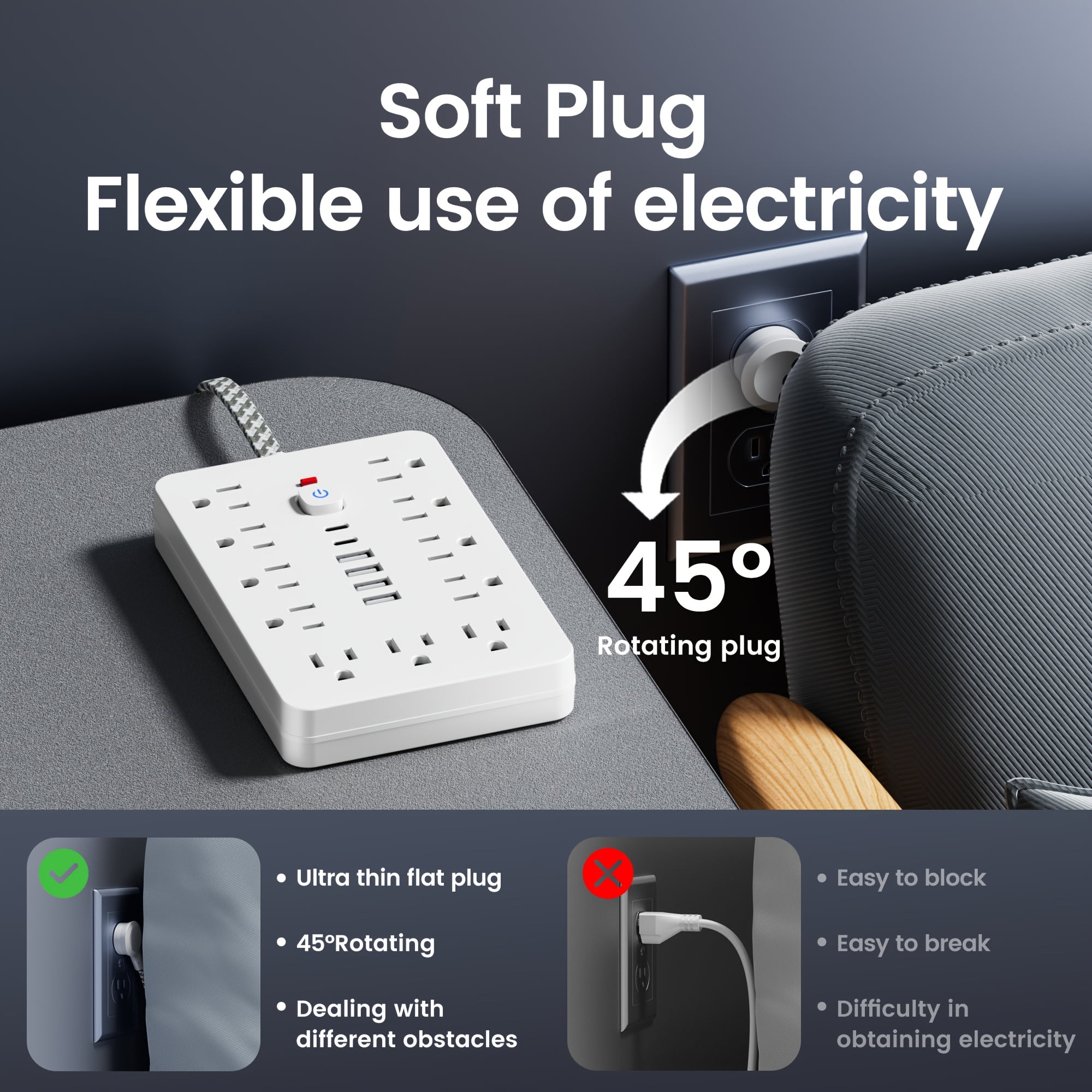 Surge Protector Power Strip with 11 AC Outlets, 4 USB-A & 2 USB-C Ports, 5ft/10ft Braided Cord, Overload Protection for Home Office Travel