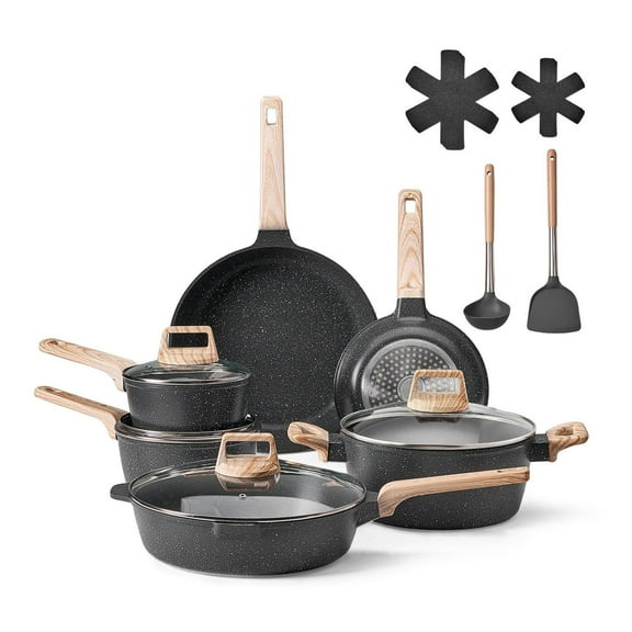 17 Piece Pots and Pans Set - Granite Nonstick Cookware Set, Induction Compatible - Black Kitchen Cookware