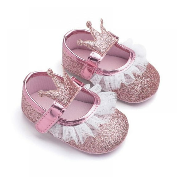 Baby Girls Flats Soft Sole Infant Lace Crown Sparkly Toddler Princess Dress Shoes for 6-18 Months