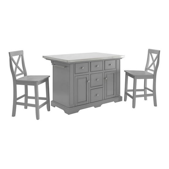 Pemberly Row 3-Piece Transitional Wood Kitchen Island Set in Gray