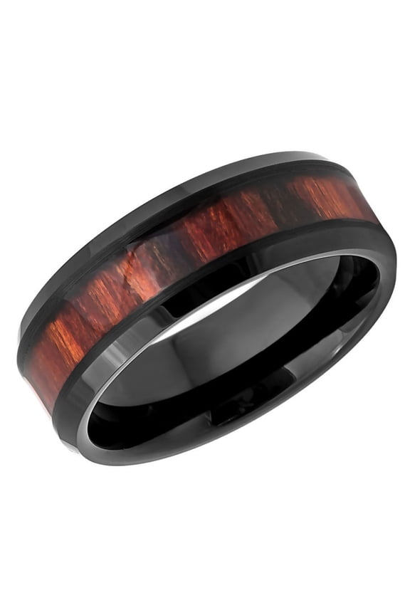 Men's Women's Tungsten Wedding Band Engagement Ring 8mm Mahogany Wood Inlay Black Ring, SZ 14
