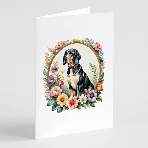 American English Coonhound and Flowers Greeting Cards and Envelopes Pack of 8 7 in x 5 in