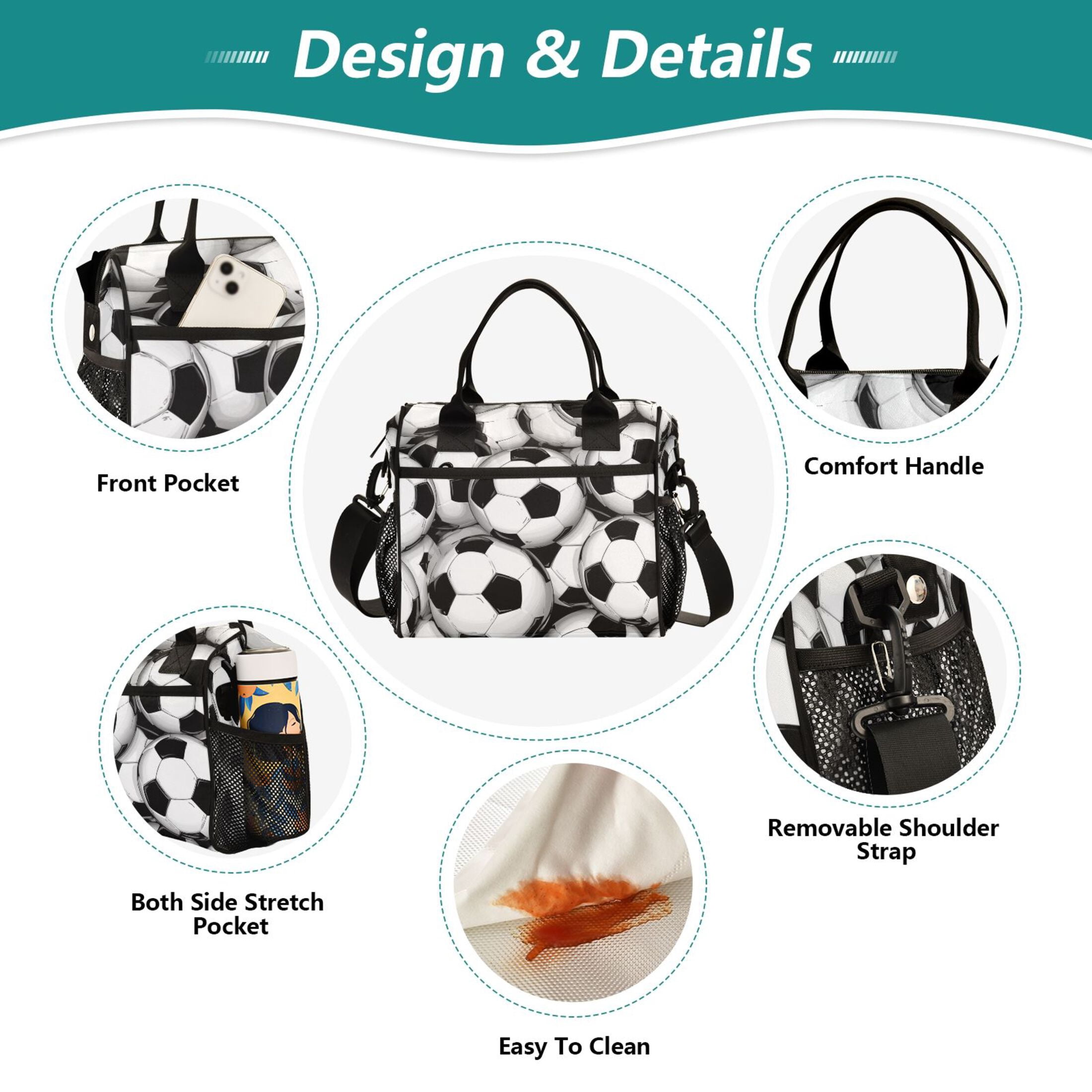 RMDQTR Classic Soccer Tile Pattern Large Tote Lunch Bag, Multi-Compartment Waterproof Thermal Food Bag for Commute Office & Picnic Outings