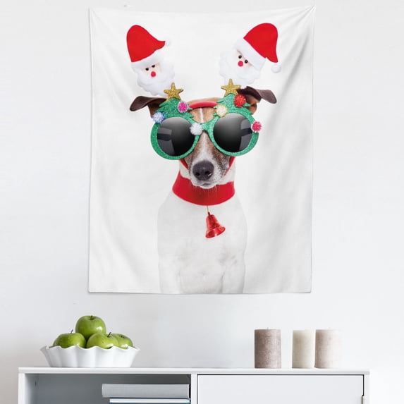 Christmas Tapestry, Funny Puppy Jack Russel Dog Hilarious Sunglasses Santa and Bell, Fabric Wall Hanging Decor for Bedroom Living Room Dorm, 5 Sizes, Multicolor, by Ambesonne