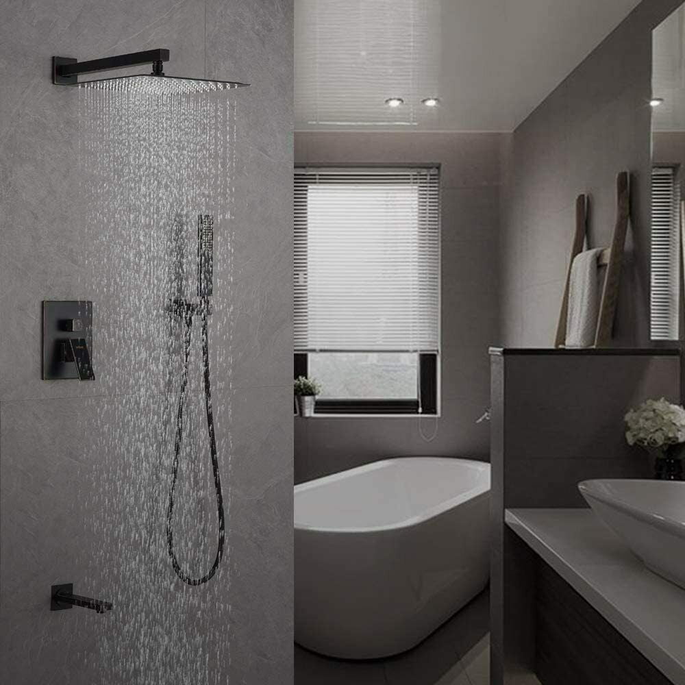 Black Rainfall 12" Shower Head Faucet Set Shower System Tub Spout w/ Mixer Valve